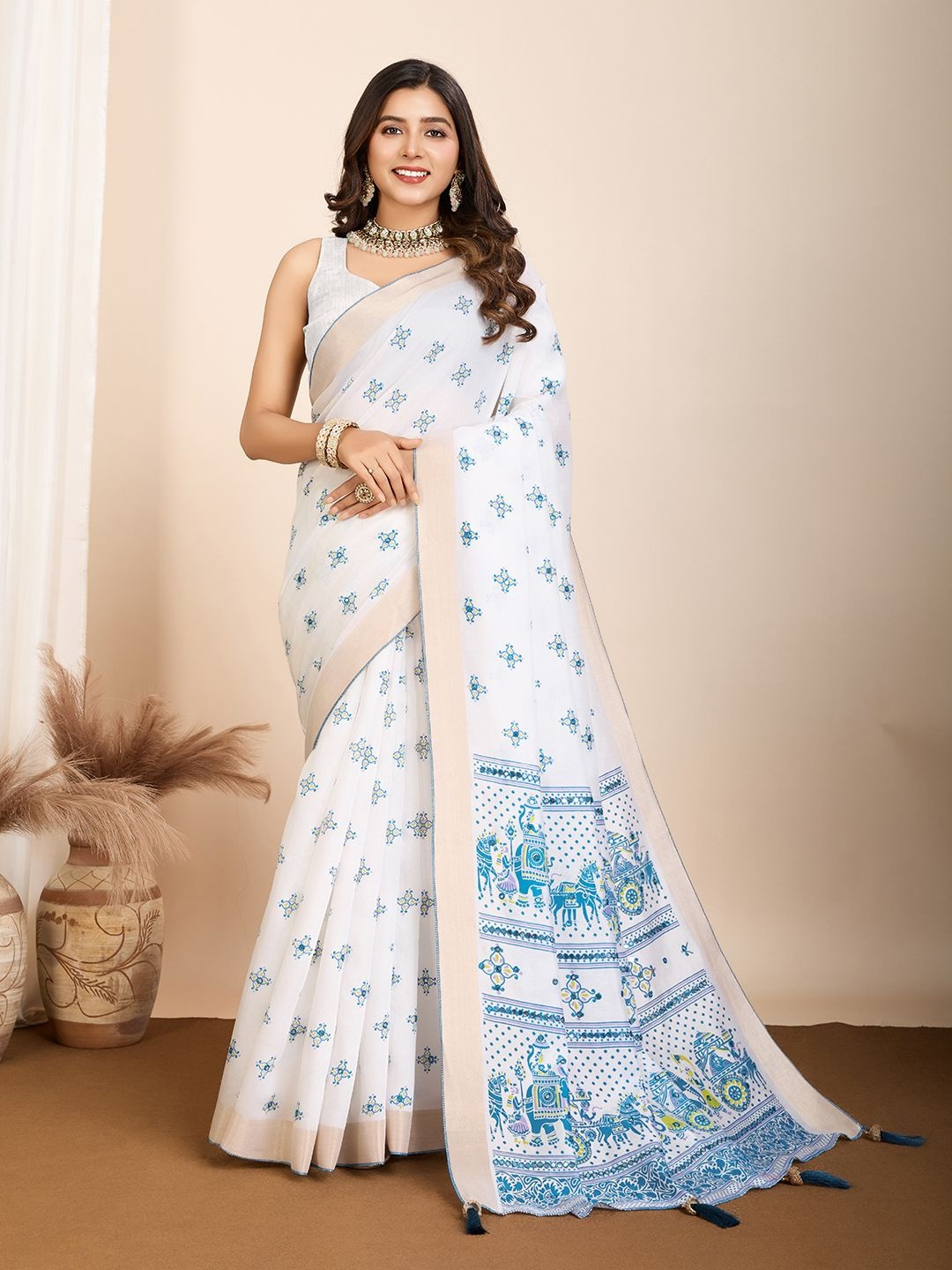 

ORUS Ethnic Motifs Mirror Work Pure Cotton Saree, Blue