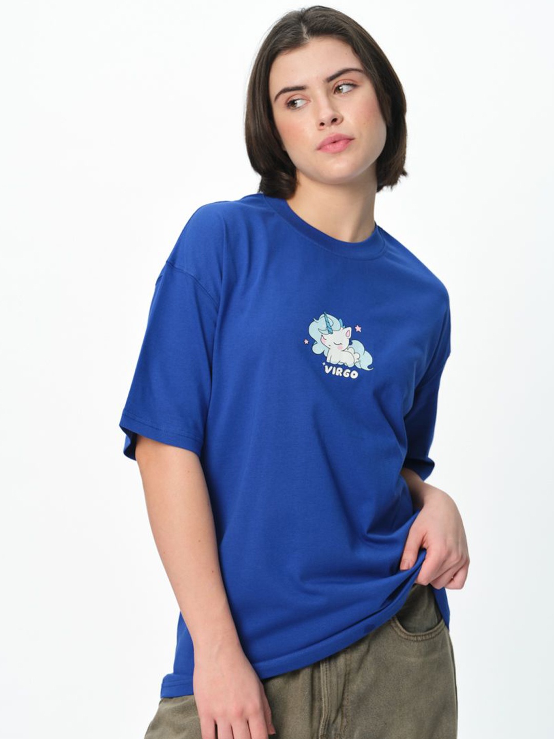 

Bonkers Corner Women Printed Drop-Shoulder Sleeves Applique Slim Fit T-shirt, Blue