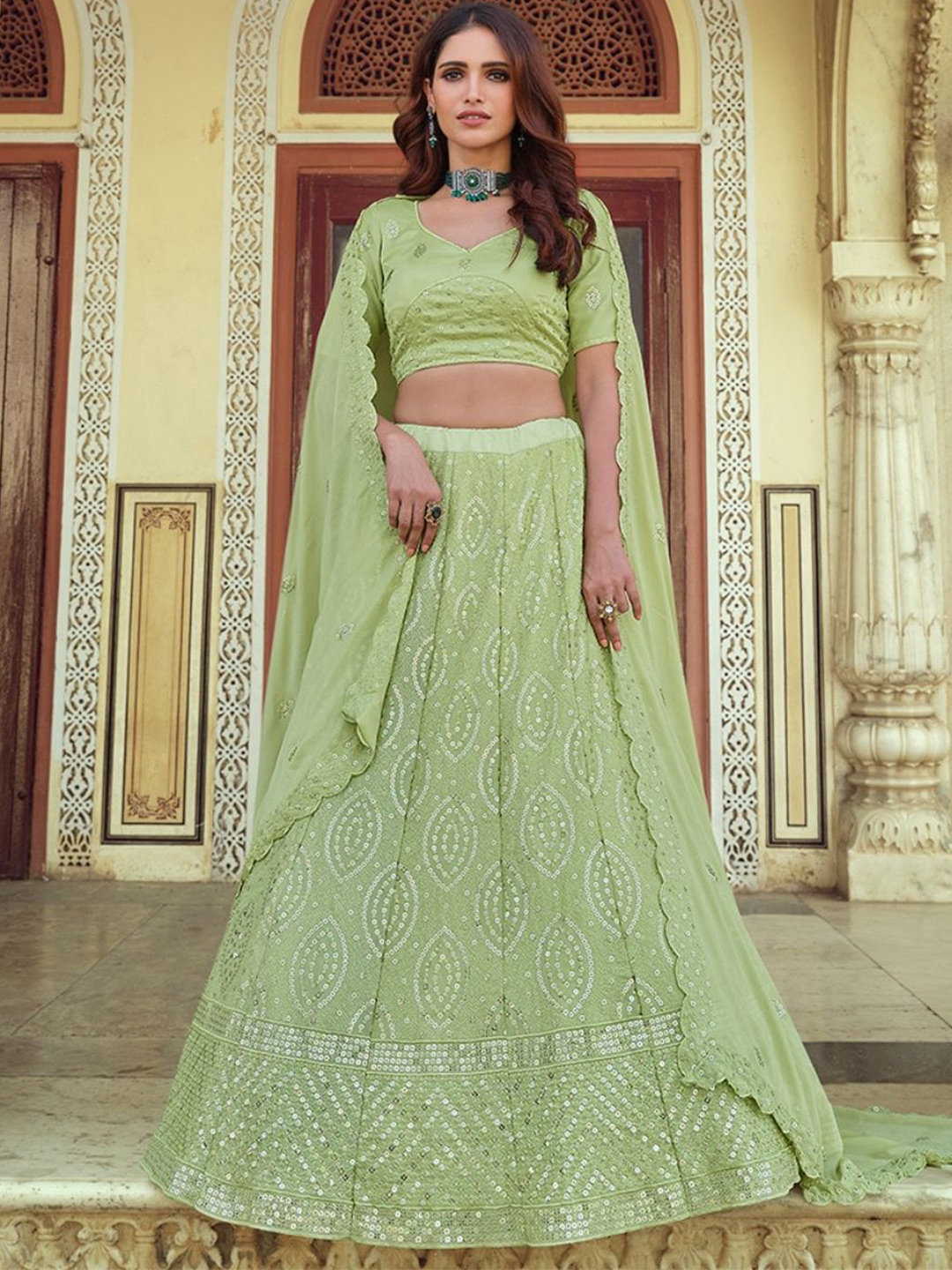 

Fusionic Embroidered Sequinned Semi-Stitched Lehenga & Unstitched Blouse With Dupatta, Green