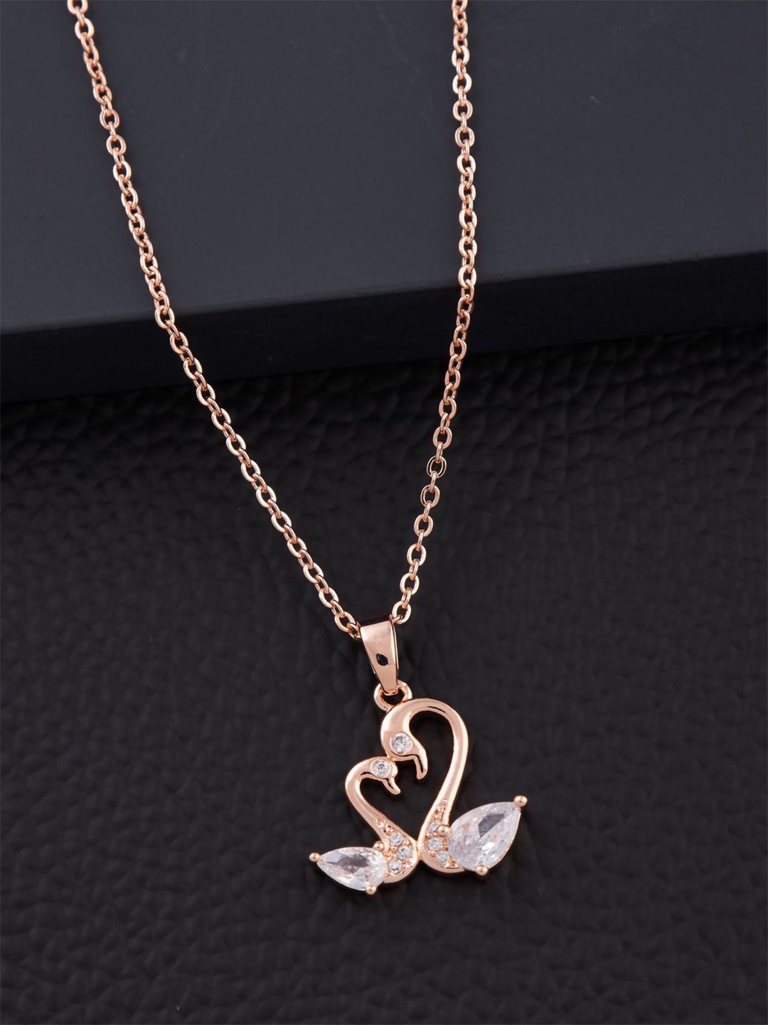 

SOLIBELLE Rose Gold-Plated Artificial Stones-Studded Swan Shaped Pendants With Chains