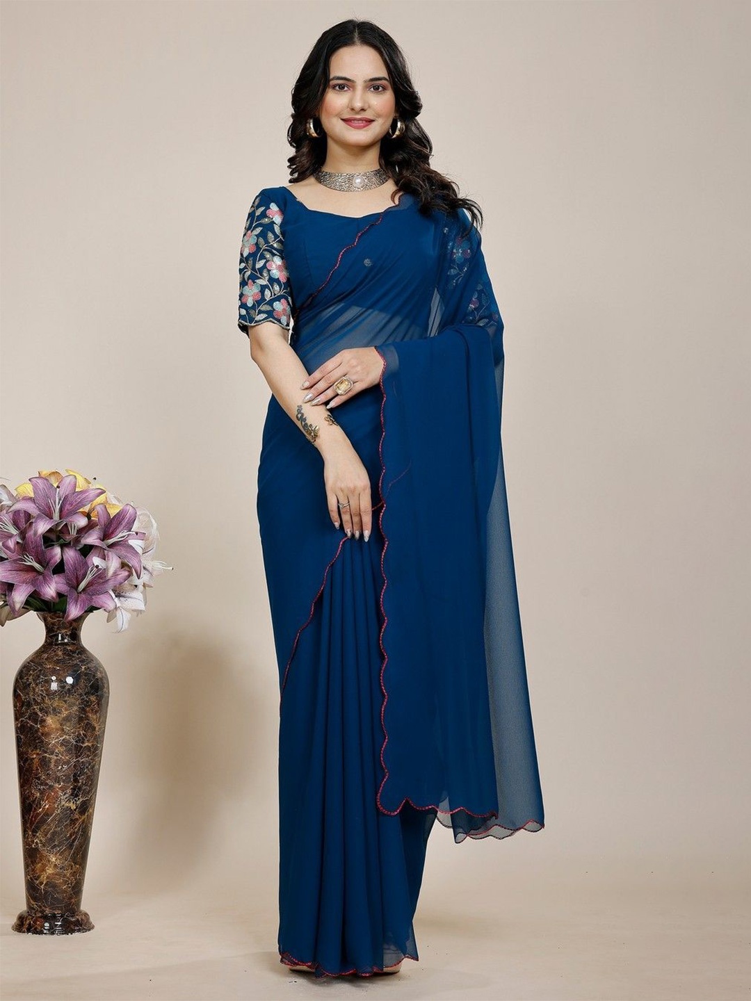 

K 5 Fashion Embroidered Pure Georgette Saree, Navy blue