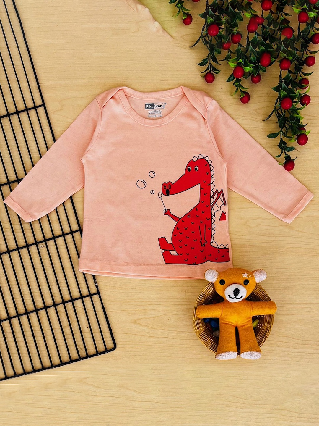 

Piku Store Kids Graphic Printed Round Neck Cotton T-shirt, Peach
