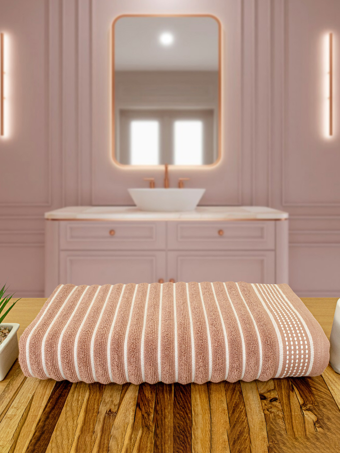 

Myntra Elegant Homes Peach-Coloured & White 1 Striped Cotton 525 GSM Bath Towel