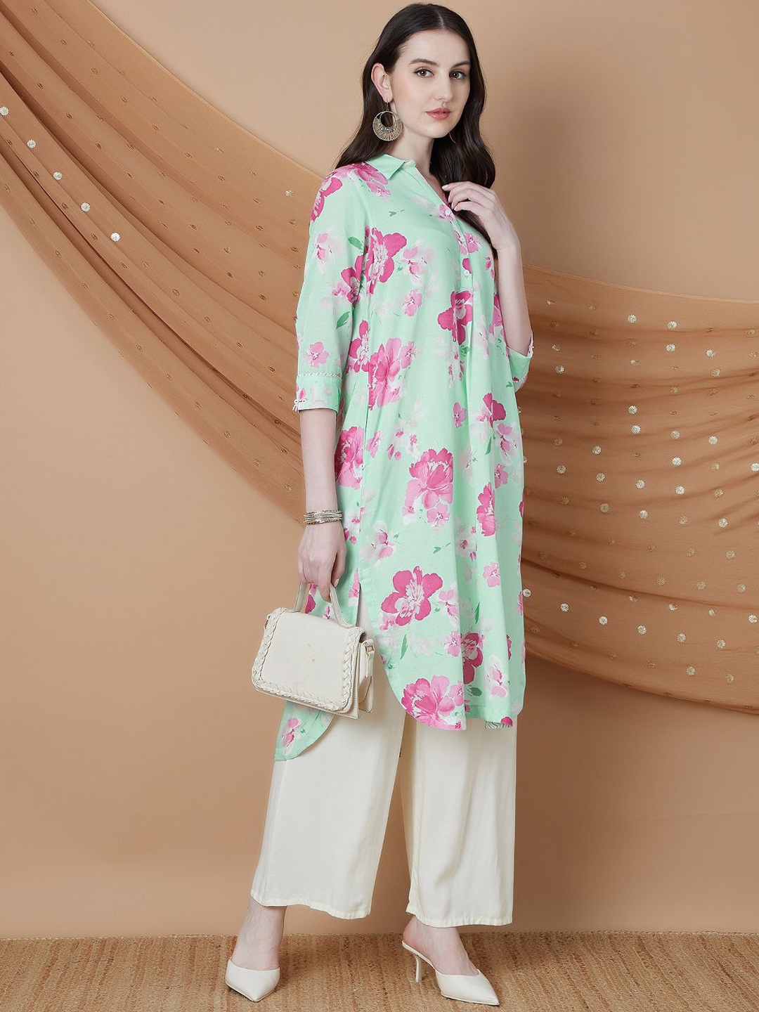 

Melange by Lifestyle Floral Printed Mandarin Collar Kurta, Green