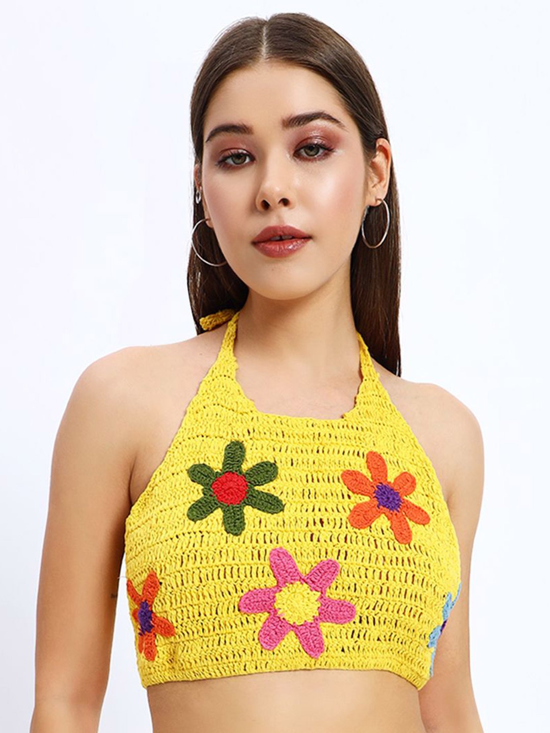 

Sugercandy Floral Print Halter Neck Cotton Crochet Styled Back Crop Top, Yellow