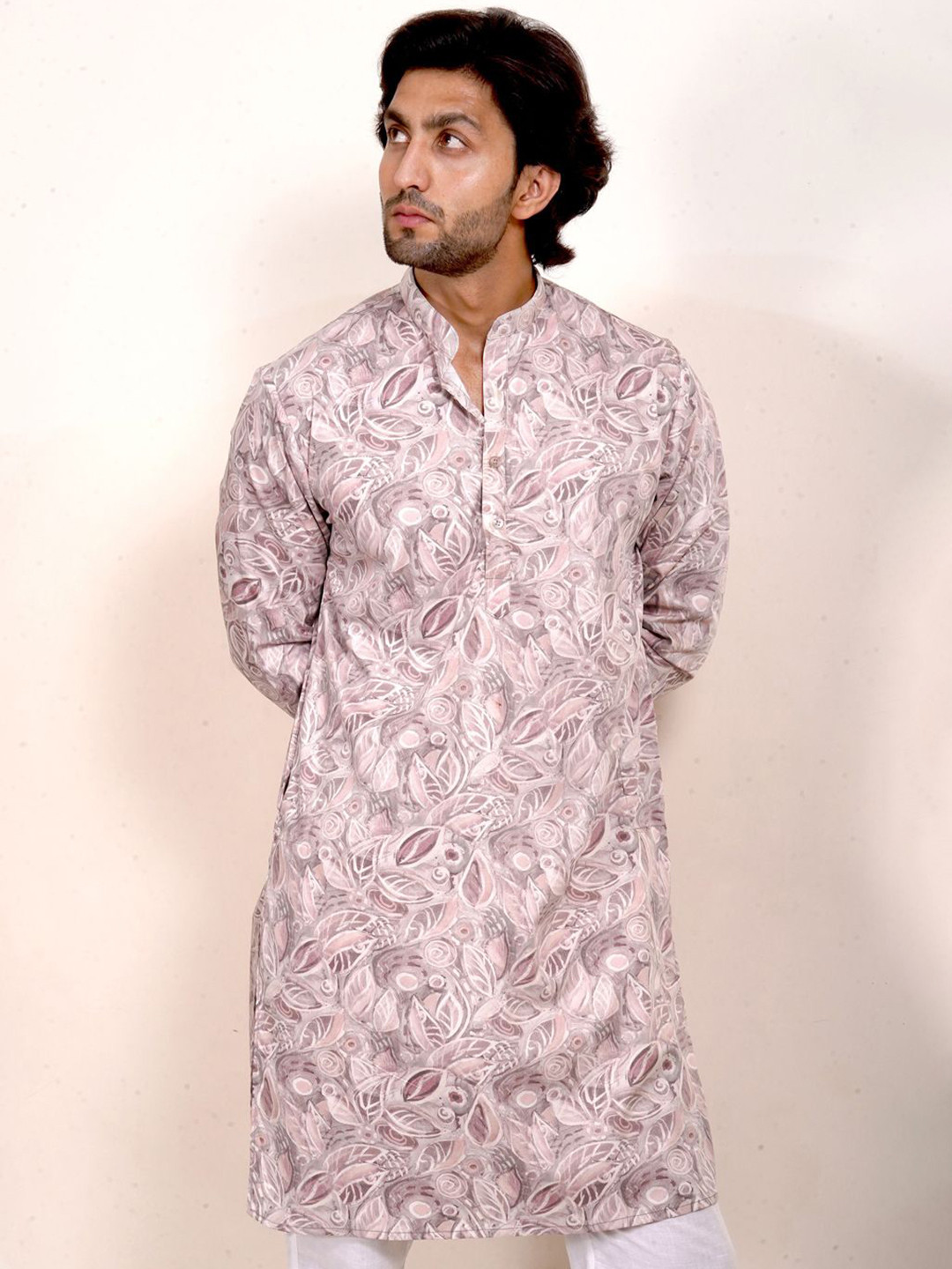 

The Kurta Studio Floral Printed Mandarin Collar Cotton Straight Kurta, Grey