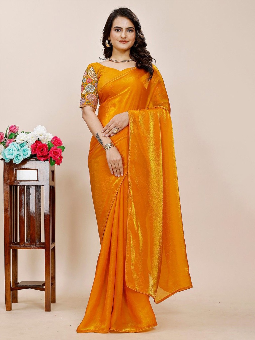 

K 5 Fashion Embroidered Pure Chiffon Saree, Mustard
