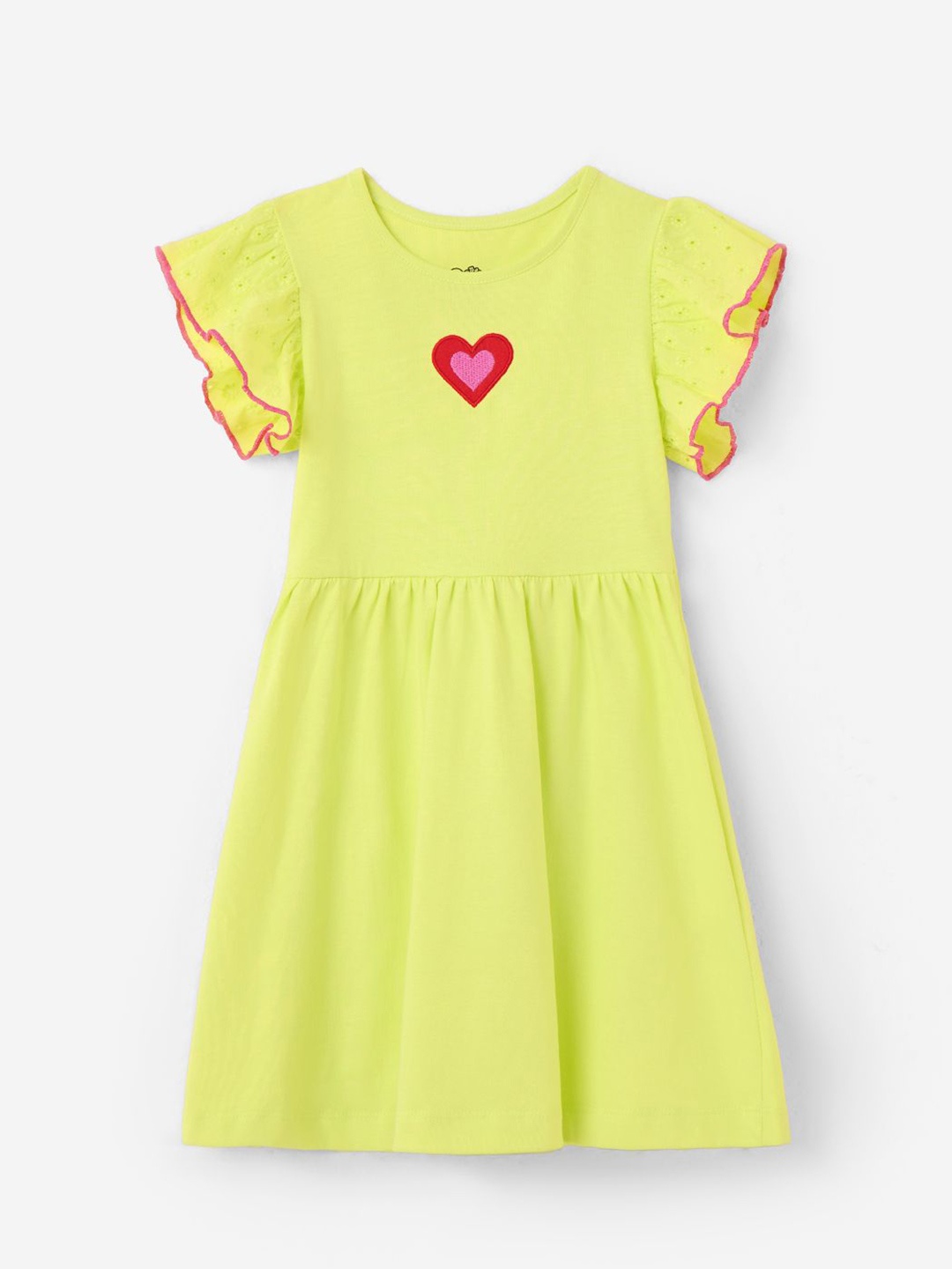 

The Souled Store Girls Bloom Embroidered Flutter Sleeve Pure Cotton Fit & Flare Dress, Yellow