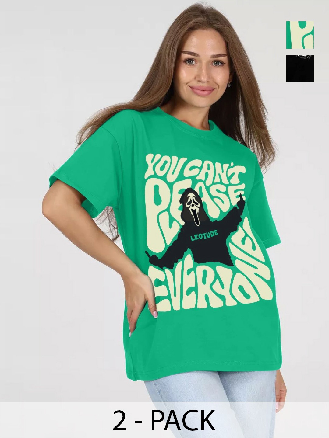 

Leotude Women Pack Of 2 Graphic Printed Round Neck Cotton Oversized T-shirts, Green