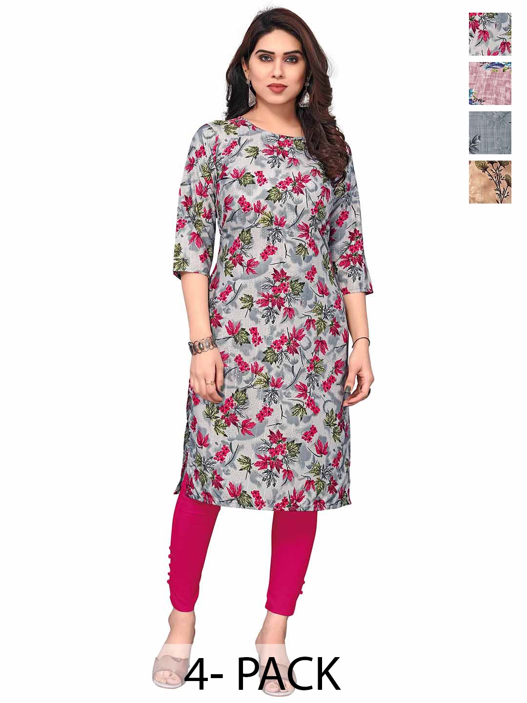 

KETAKI FASHION Selection Of 4 Floral Printed Round Neck Straight Kurta, Grey