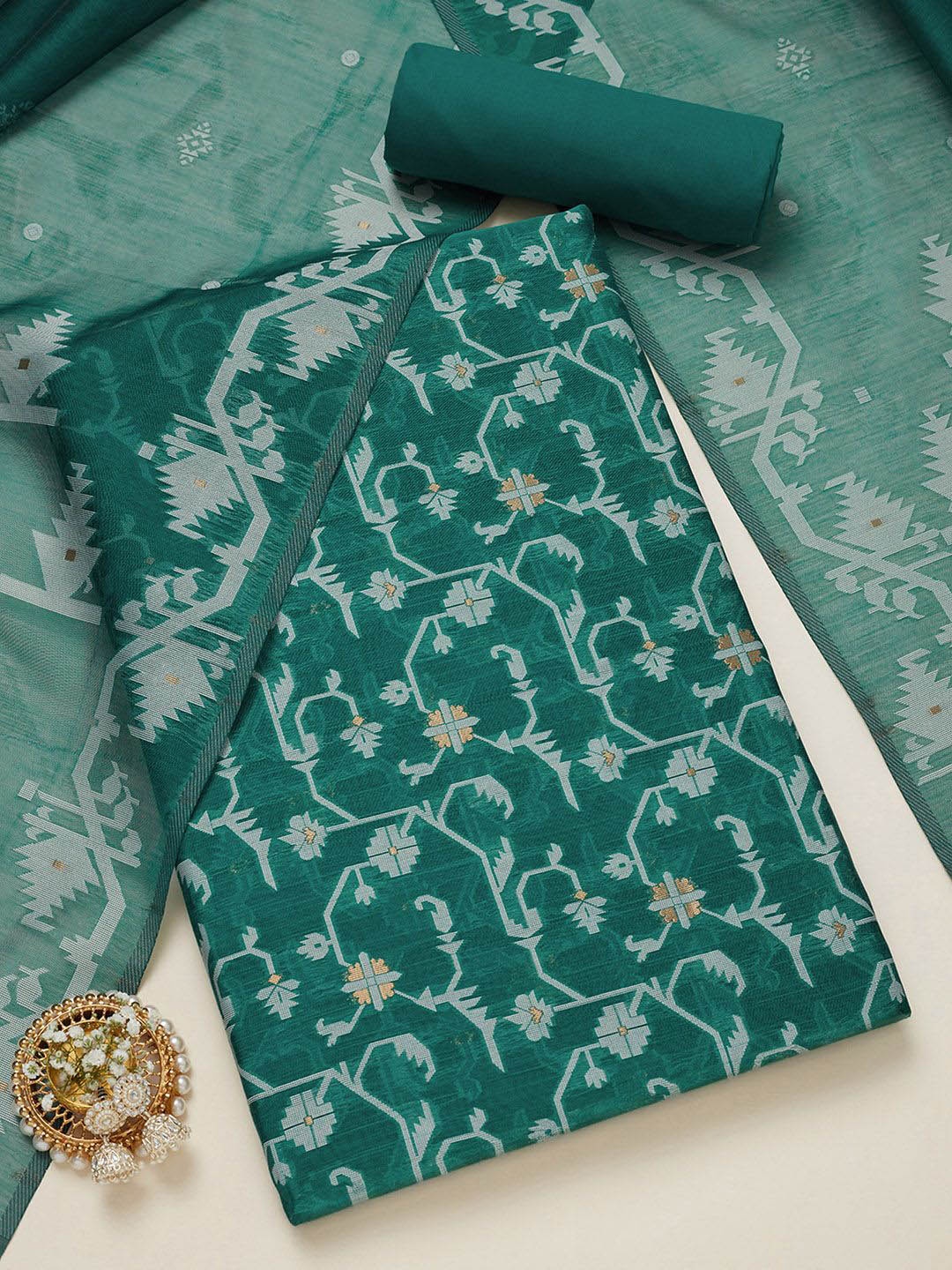 

Soch Floral Woven Design Zari Chanderi Unstitched Dress Material, Teal