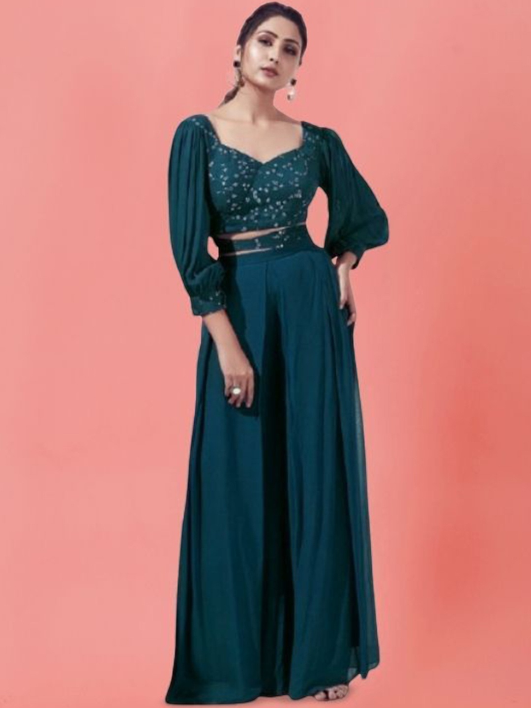 

PARROT CREATION Floral Embroidered Sweetheart Neck Crop Top With Palazzos, Teal