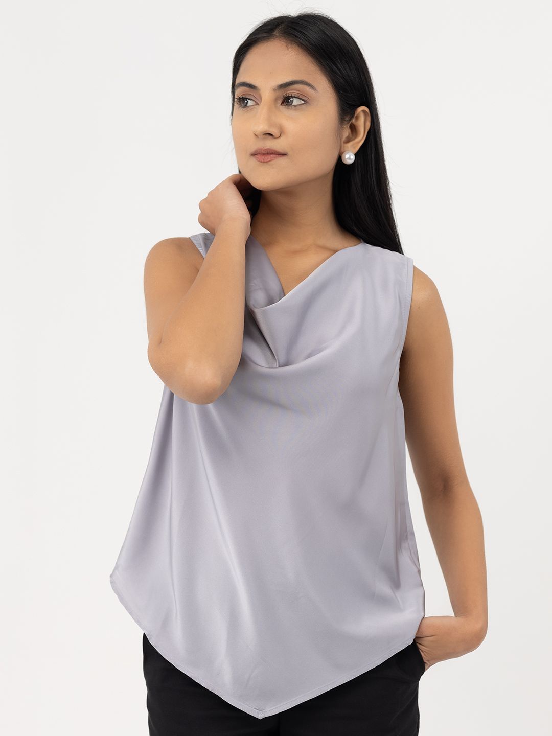 

Strong And Brave Cowl Neck Satin Top, Grey