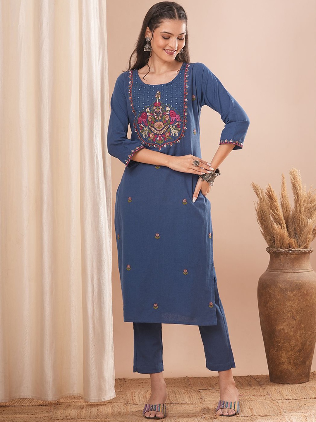 

FASHOR Floral Embroidered Pure Cotton Tunic With Trousers, Blue