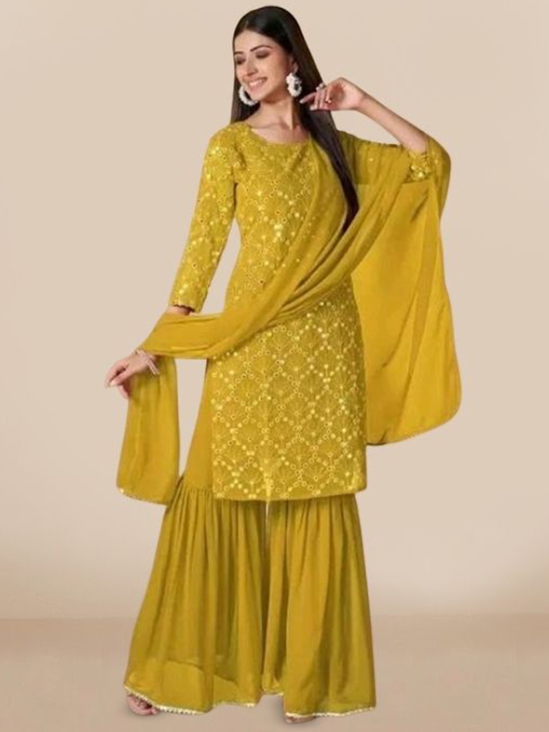 

PARROT CREATION Geometric Embroidered Georgette Straight Kurta With Sharara & Dupatta, Yellow