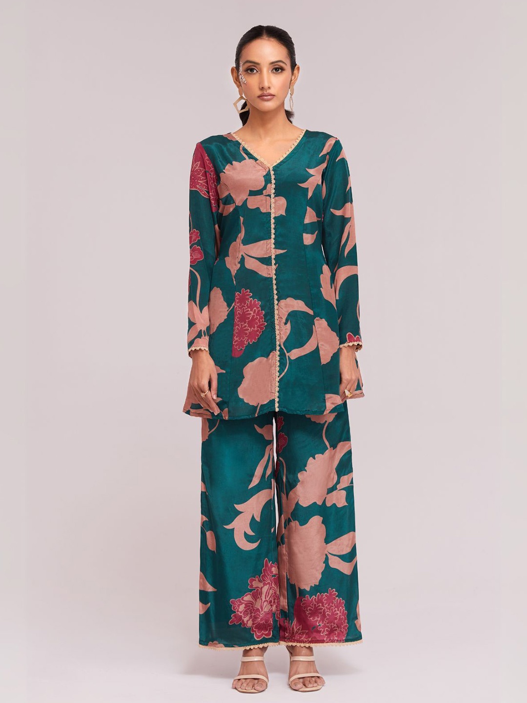 

ODETTE Printed Stitched Co-Ords Set, Teal