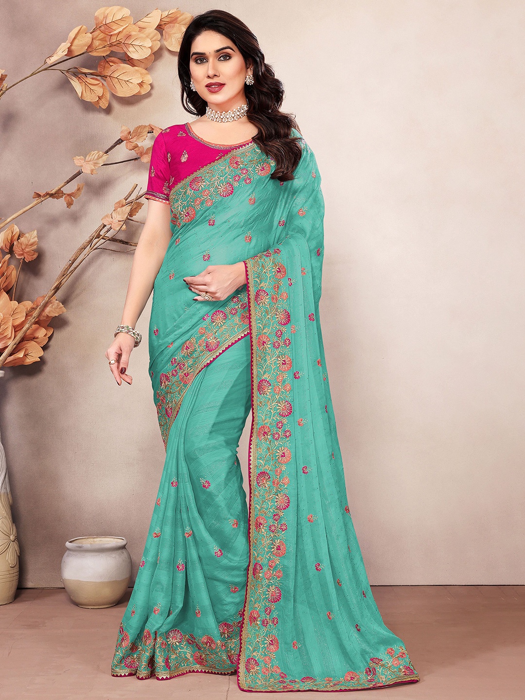 

KHRITI FAB Embellished Embroidered Silk Blend Saree, Turquoise blue