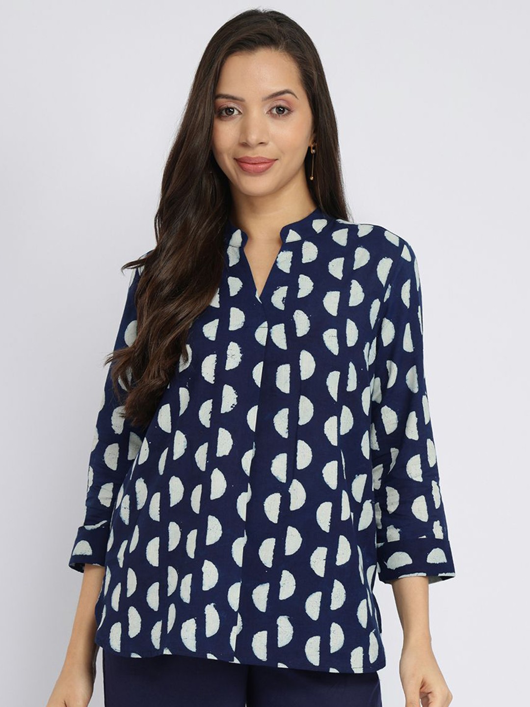 

Pink Fort Women Cotton Dabu Half Polka Print Top, Navy blue