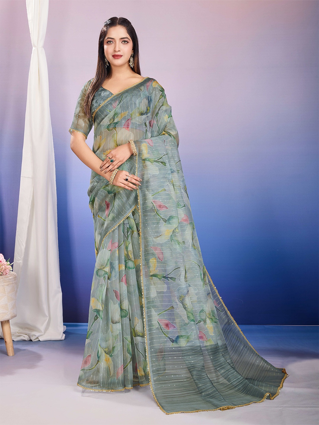 

Mitera Floral Sequinned Organza Designer Saree, Grey