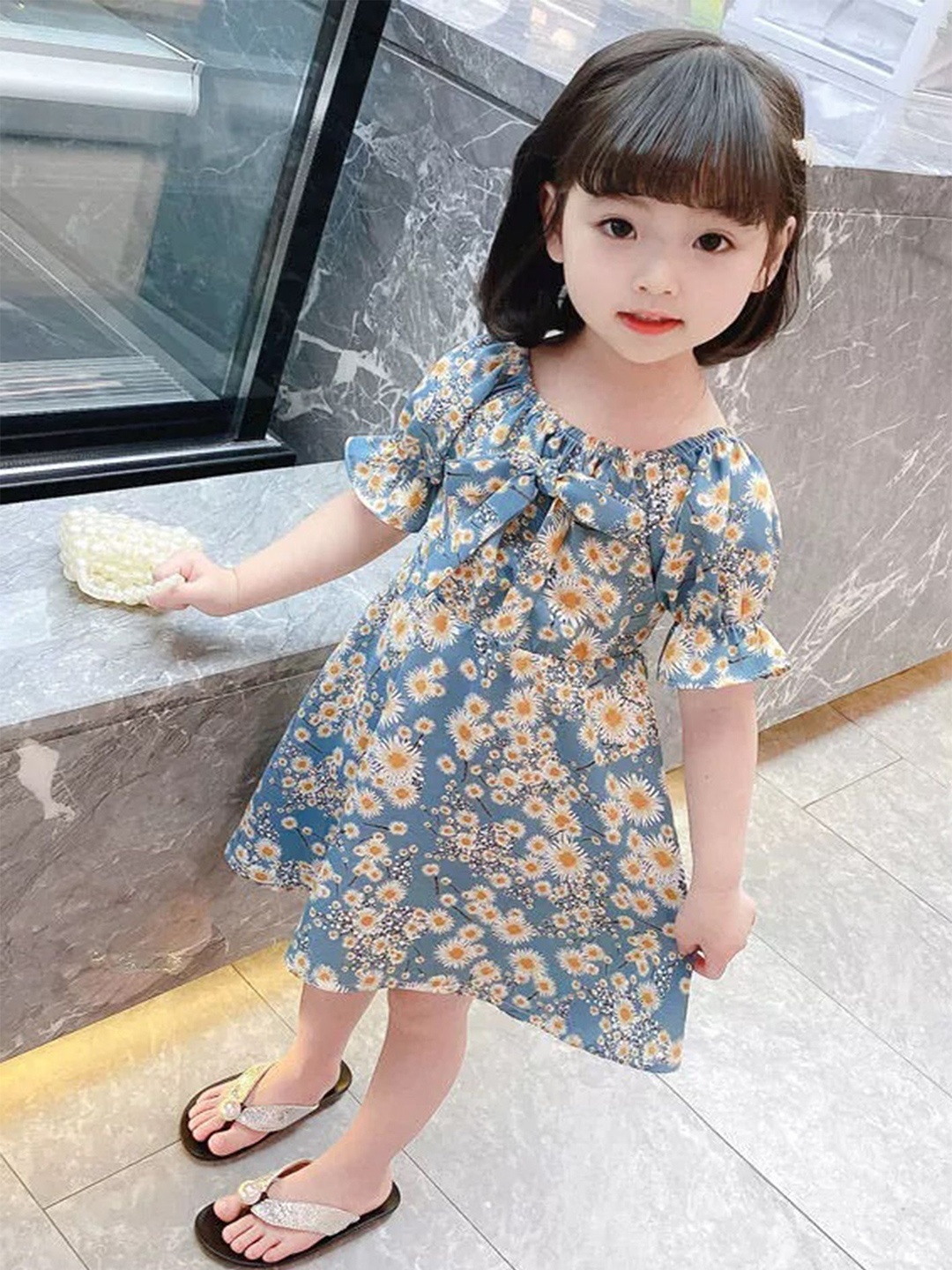 

LULU & SKY Girls Square Neck Floral Printed A-Line Dress, Blue