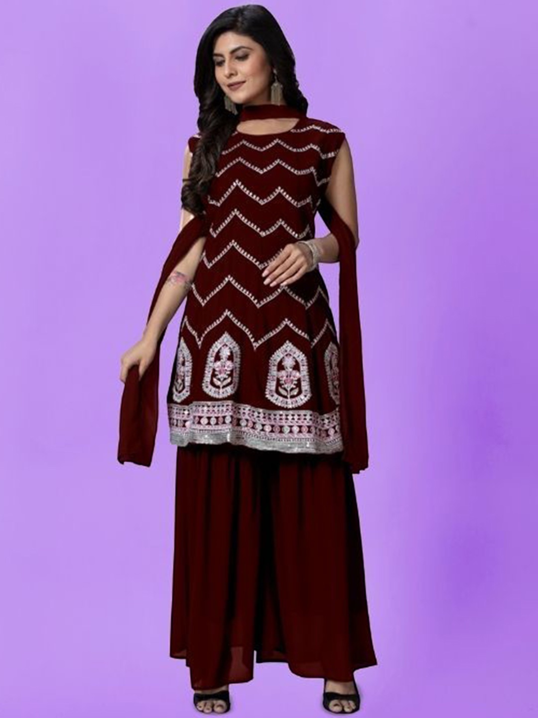 

PARROT CREATION Floral Embroidered Georgette Kurti With Sharara And Dupatta, Maroon