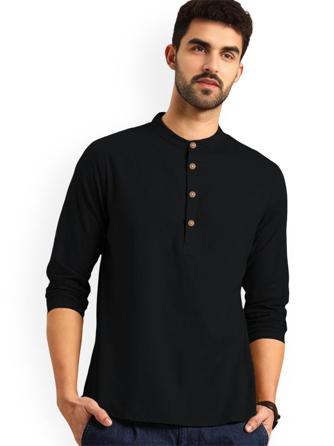 

Vida Loca Band Collar Pure Cotton Straight Short Kurta, Black