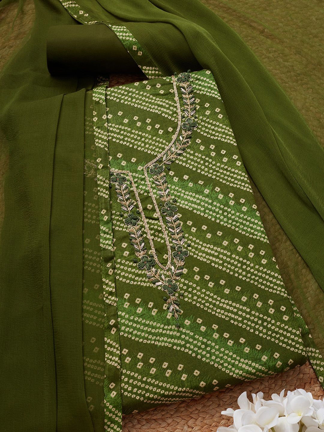 

Soch Bandhani Printed Beads and Stones Unstitched Dress Material, Green