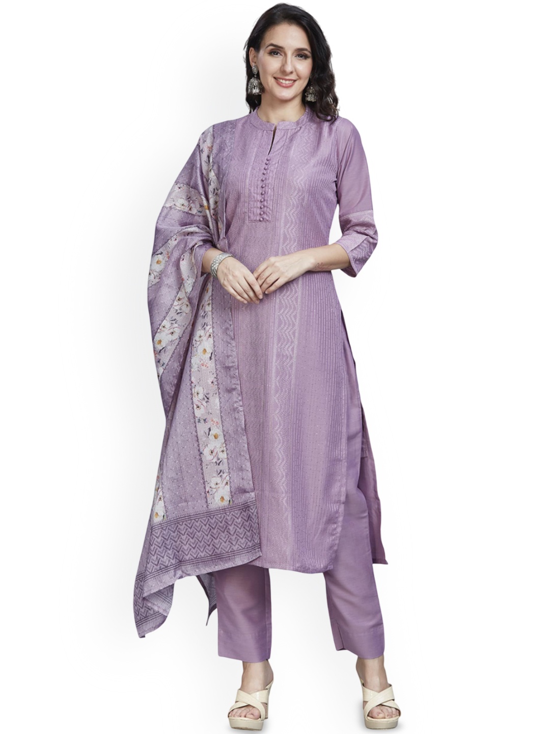 

Nioni Striped Thread Work Chanderi Silk Kurta With Trouser With Dupatta, Lavender