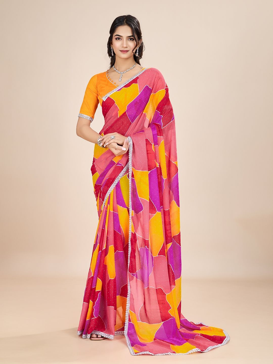 

Rhey Printed Beads and Stones Pure Georgette Saree, Red