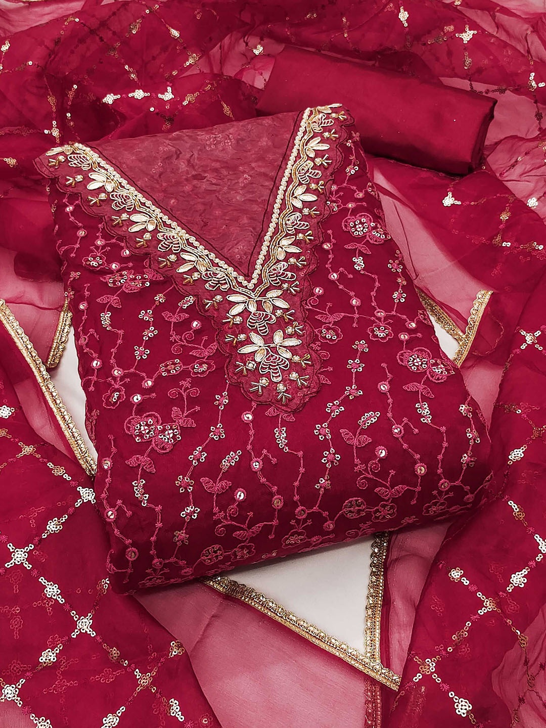 

SAINOOR Floral Embroidered Sequinned Unstitched Dress Material, Maroon