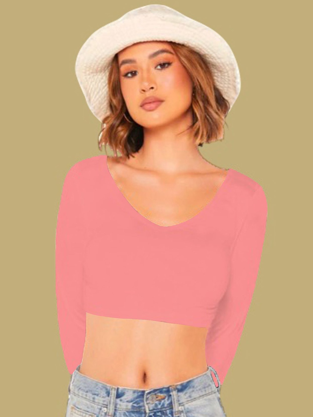 

Dream Beauty Fashion Women V-Neck Fitted Crop Top, Peach
