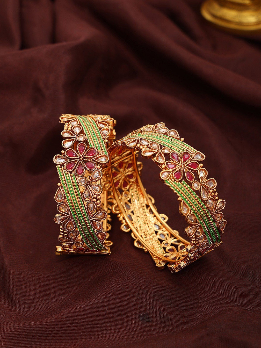 

Exotic India Set Of 2 Multicolor Stone Studded Floral Design Openable Bangles, Gold
