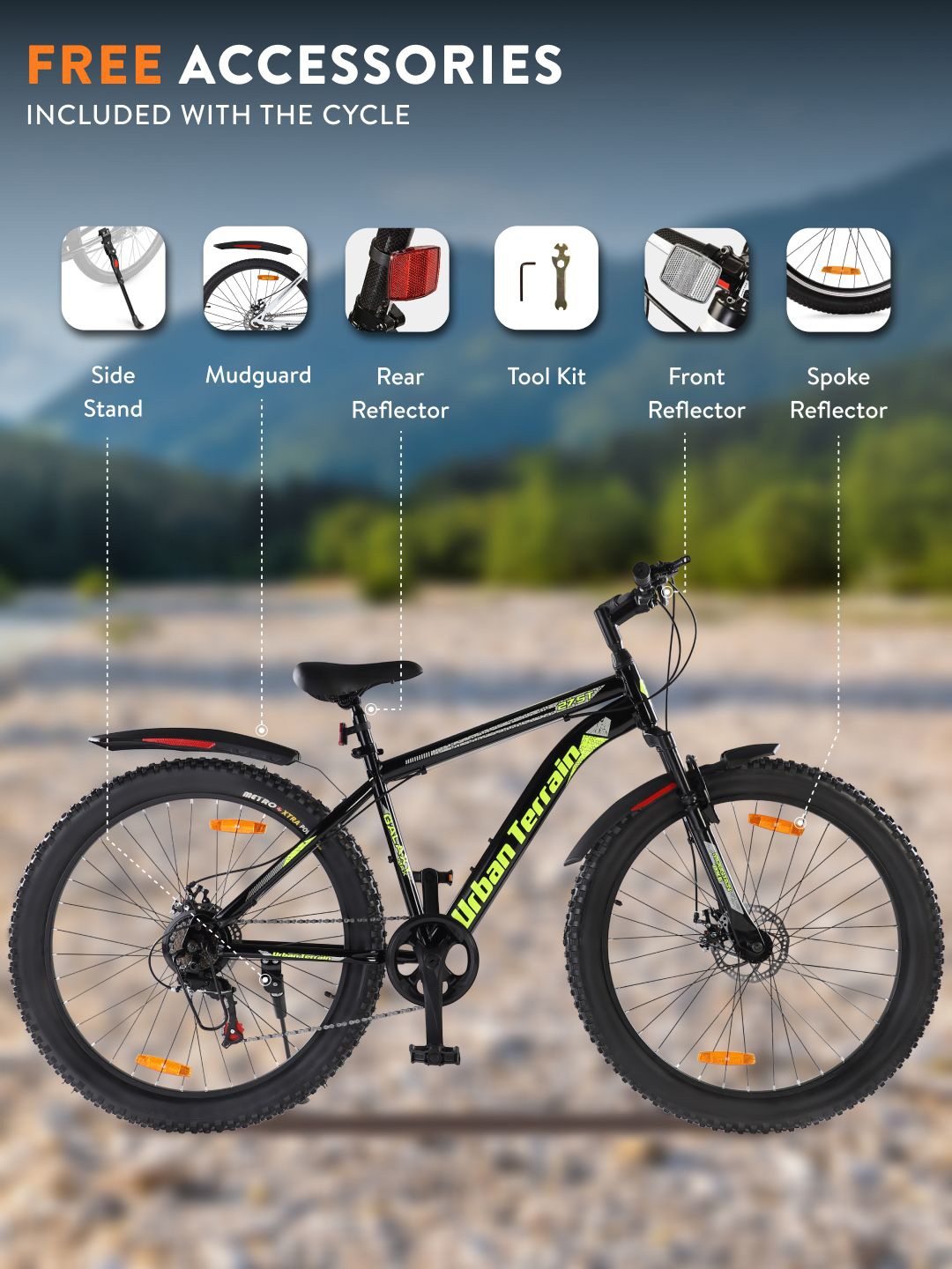 

URBAN TERRAIN Galaxy Max Steel 7 Speed 27.5T Mountain Bike, Green