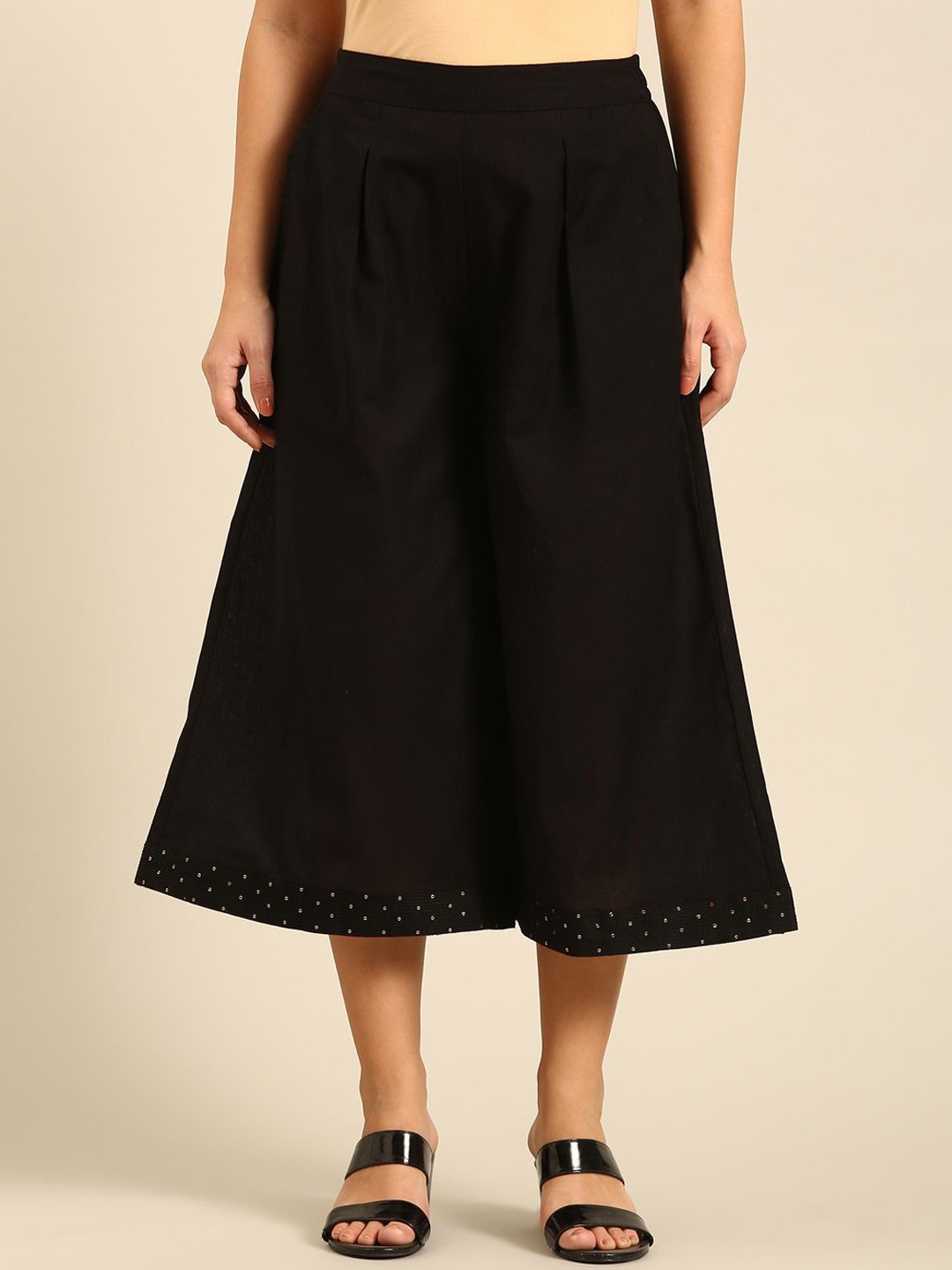 

De Moza Women Embroidered Pleated Culottes Trousers, Black