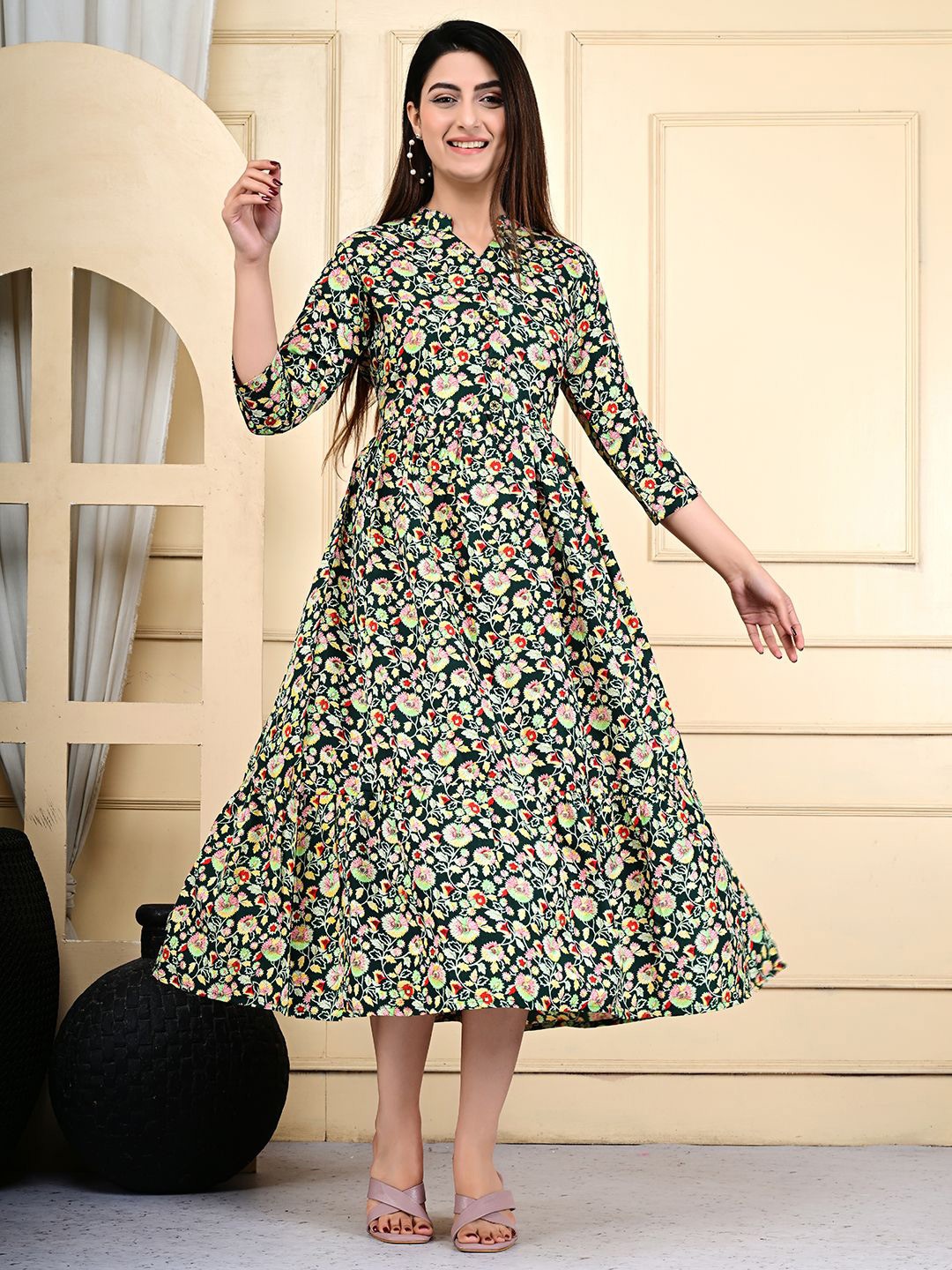 

GUDWEARS Women Floral Printed Mandarin Collar Fit & Flare Midi Dress, Green
