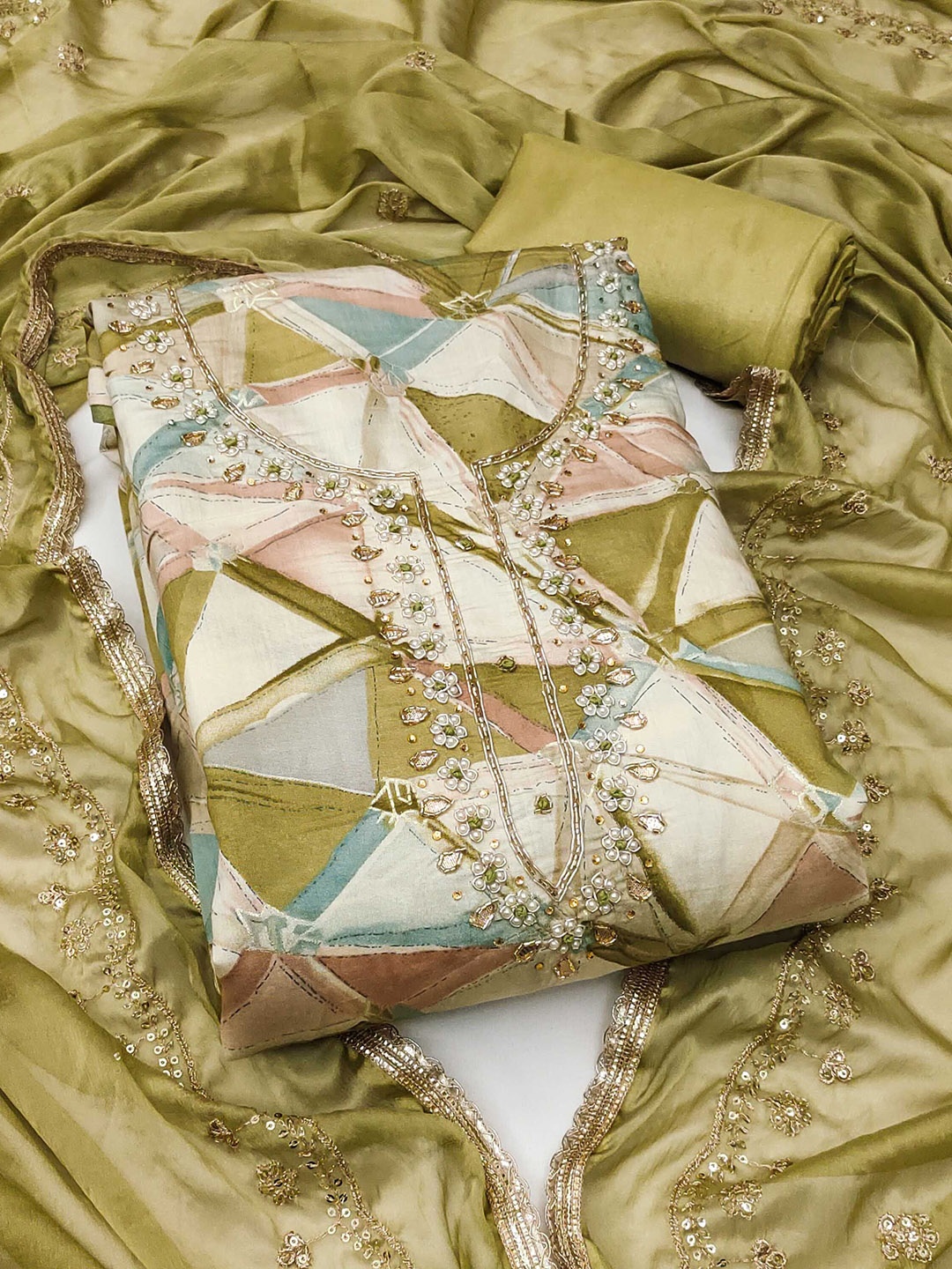 

SAINOOR Sai Geometric Printed Beads & Stones Pure Silk Unstitched Dress Material, Green
