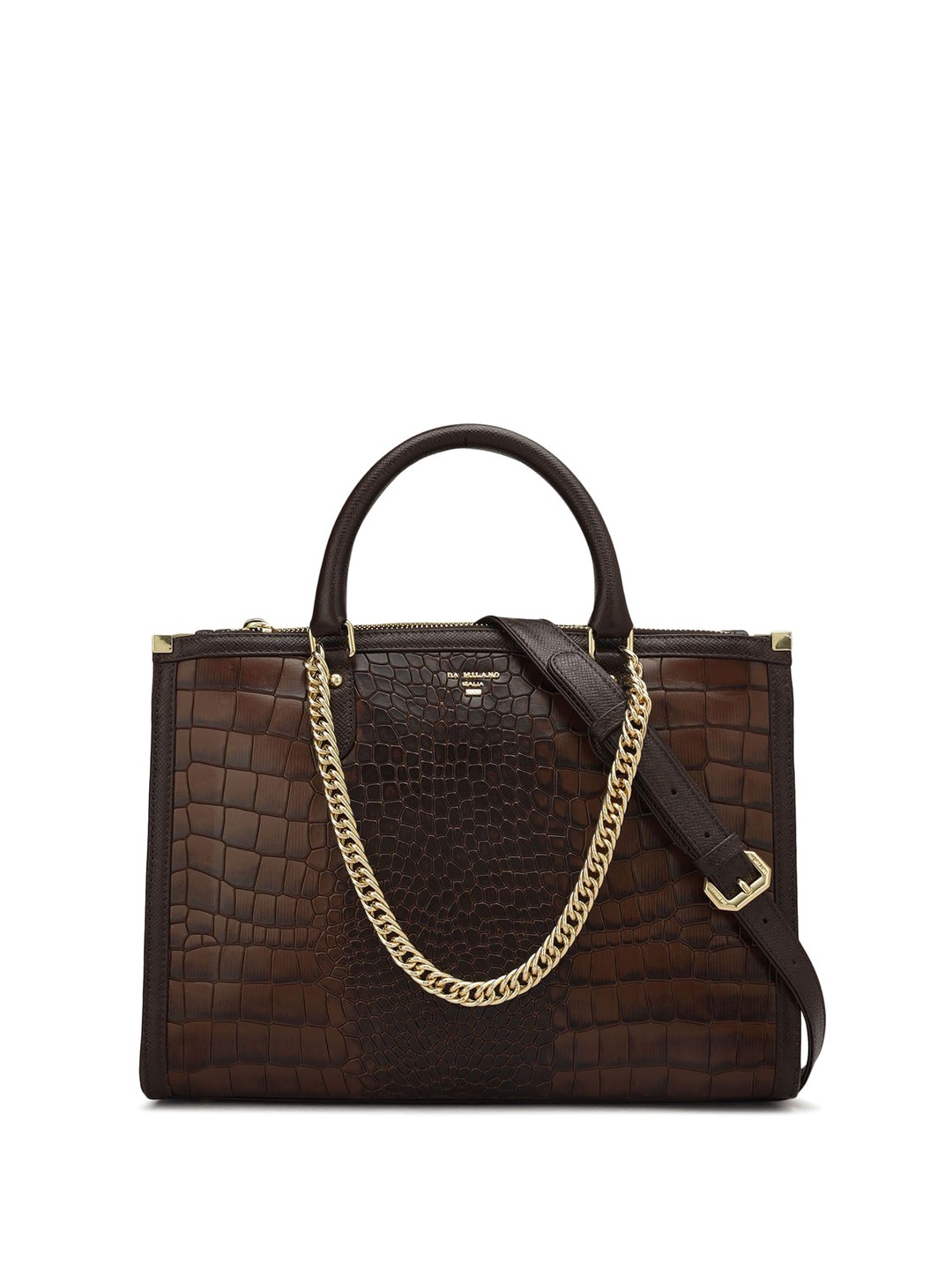 

Da Milano Leather Structured Satchel with Quilted, Brown