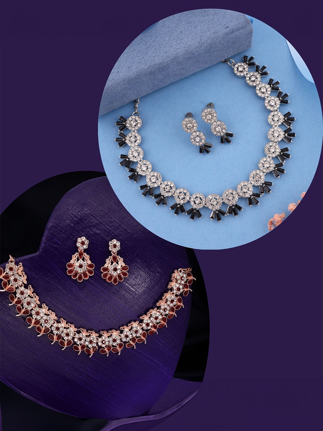 

DIVASTRI Set Of 2 Rose Gold-Plated American Diamond-Studded Jewellery Set, White