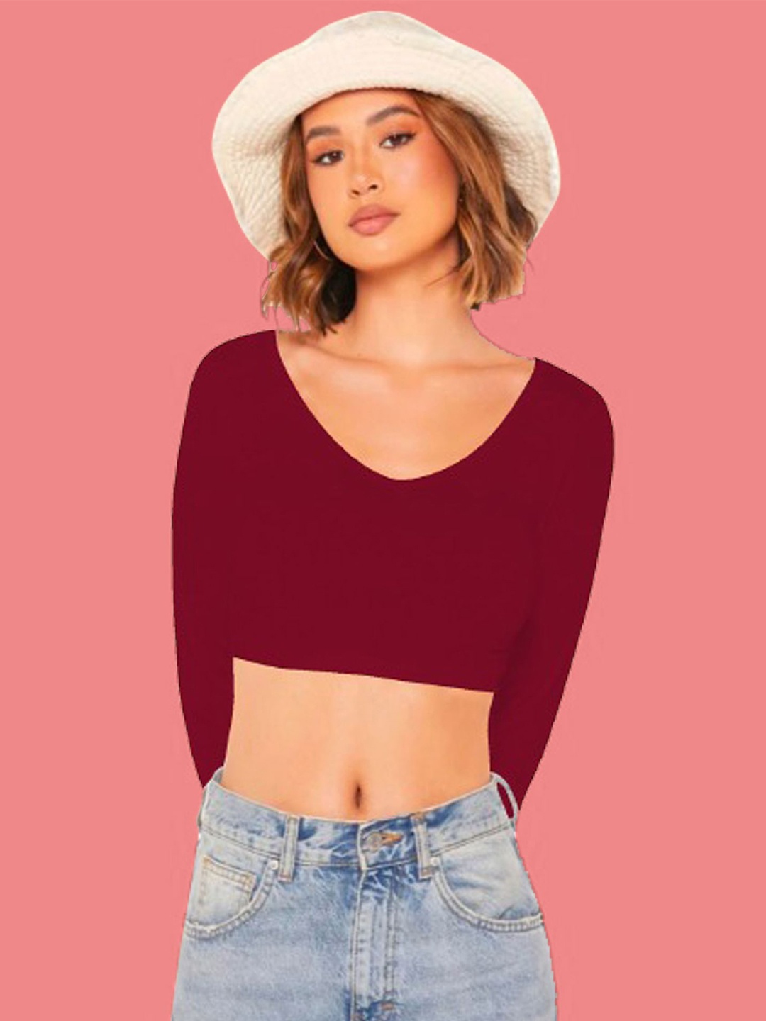 

Dream Beauty Fashion Women Solid V-Neck Fitted Crop Top, Maroon