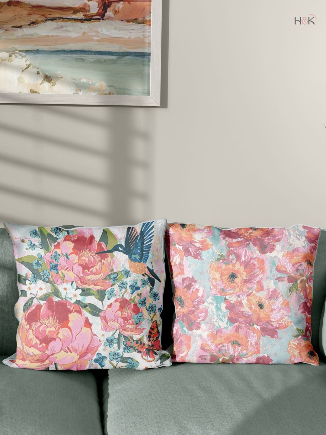 

haus & kinder Petal Peonies Blue Set of 2 Floral Printed 100% Cotton Square Cushion Covers