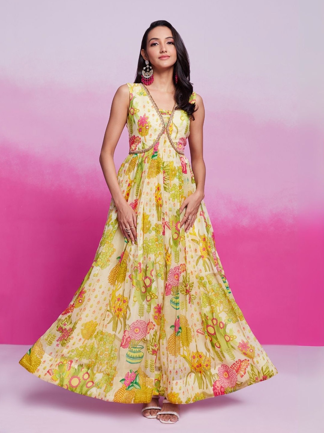 

ODETTE Floral Printed Organza Stitched Gown, Green