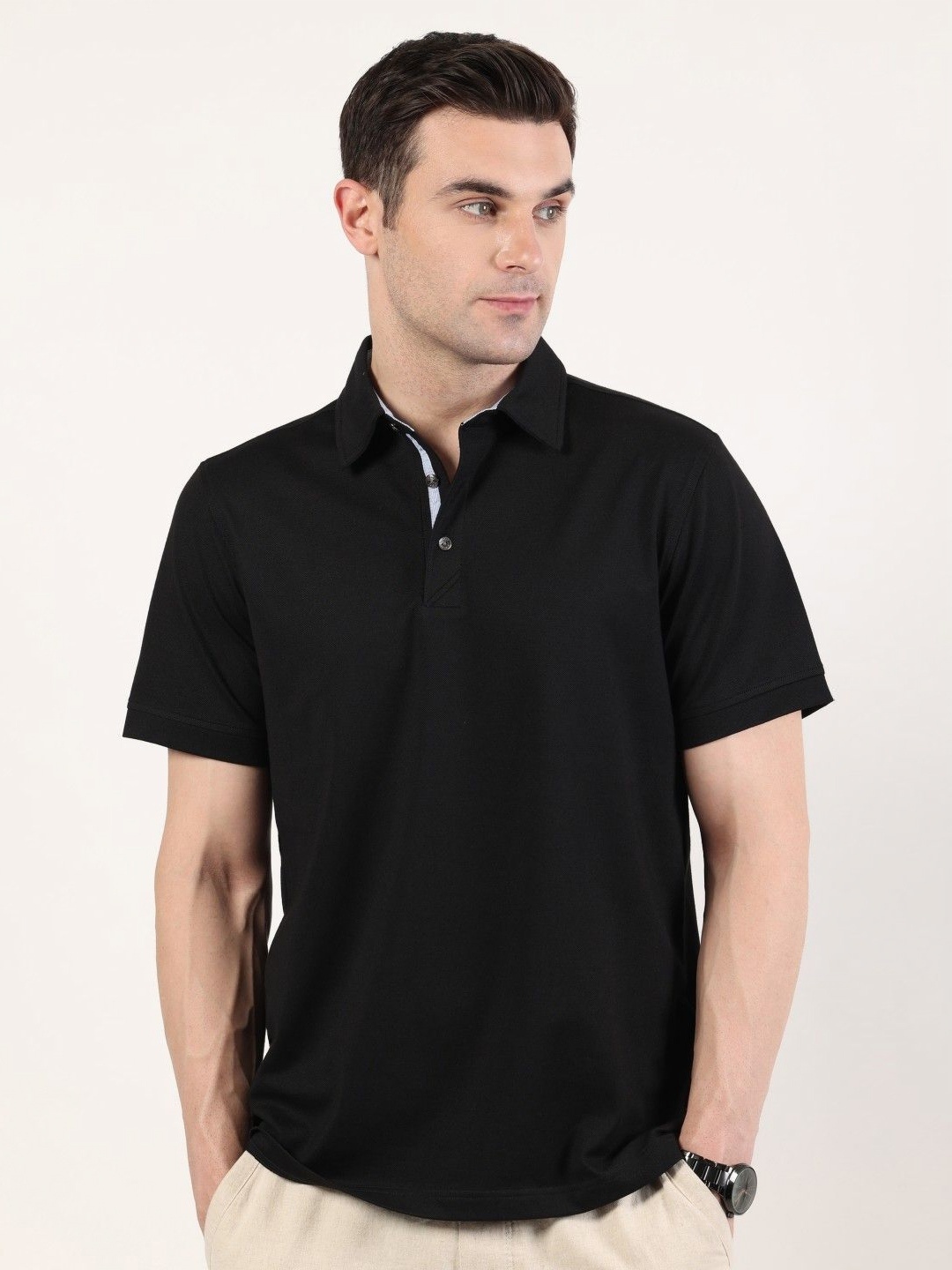 

EAZY Men Solid Polo Collar Cotton T-shirt, Black