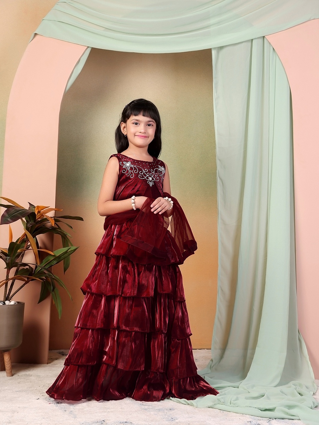 

UFB Girls Embellished Beads And Stones Organza Ready To Wear Lehenga & Blouse With Dupatta, Maroon