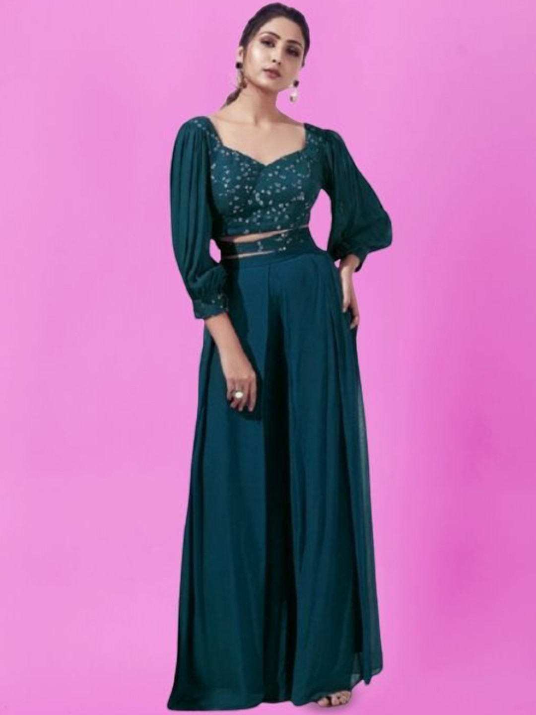 

PARROT CREATION Floral Embroidered Poly Georgette V-Neck Crop Top With Palazzos, Green