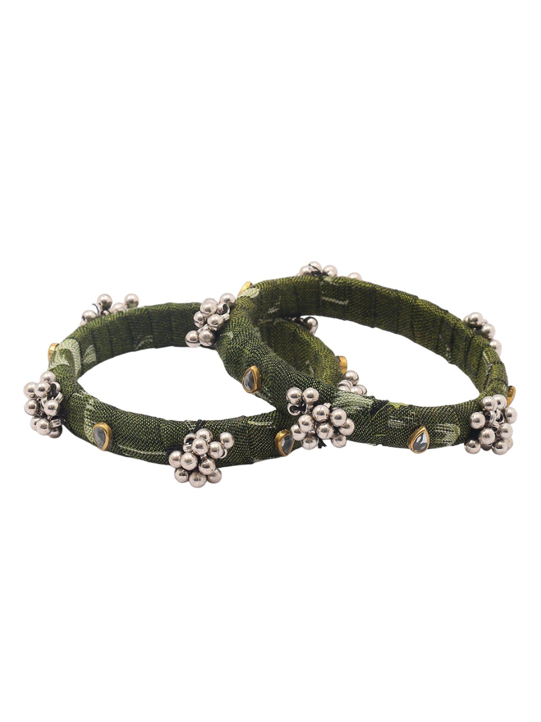 

Exotic India Set Of 2 Green Handloom Sambalpuri Fabric Ghungroo Bangles