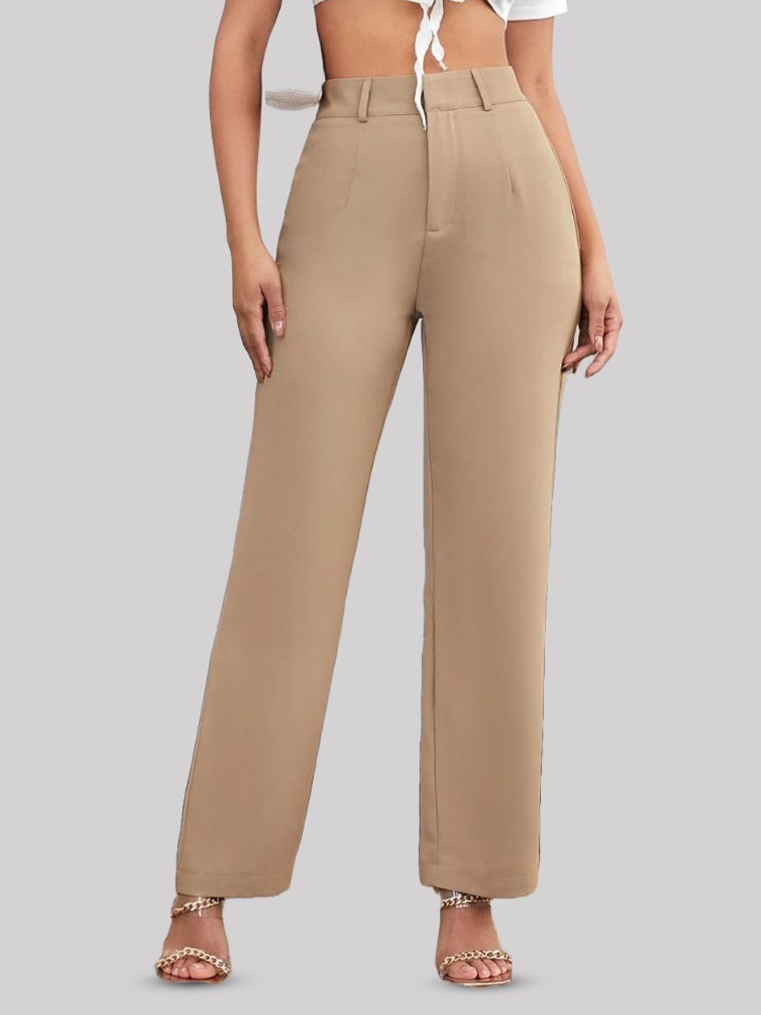 

FNOCKS Cotton High-Rise Regular Trousers, Beige