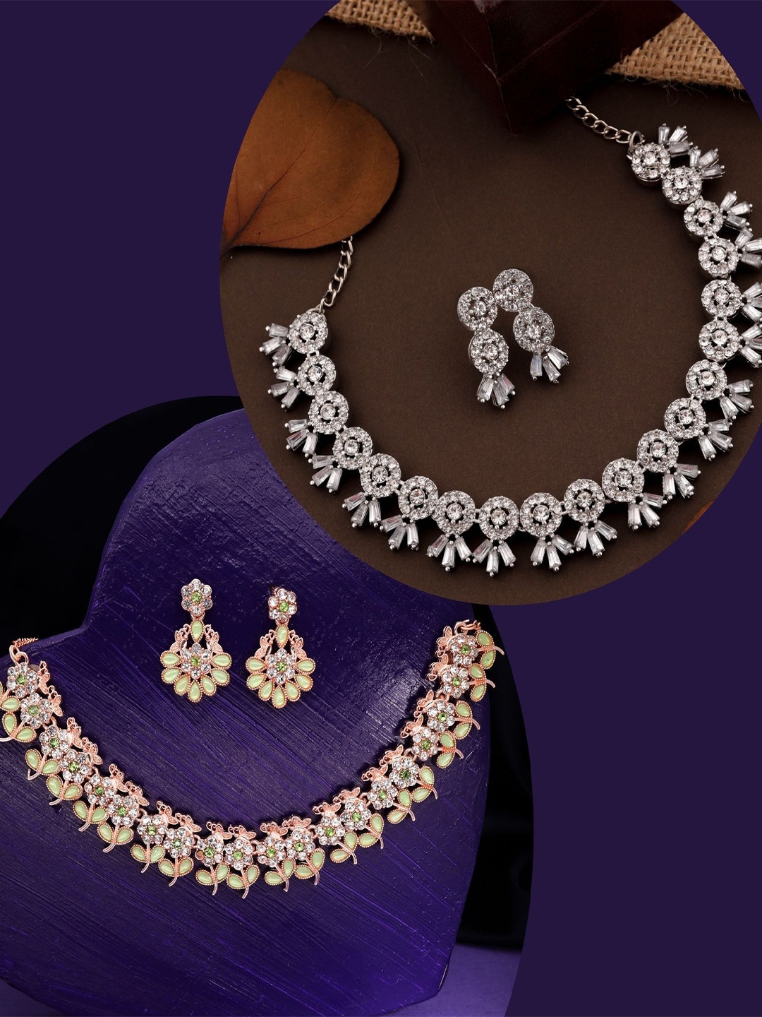 

DIVASTRI Set Of 2 Gold Plated American Diamond & Beaded Jewellery Set, Green