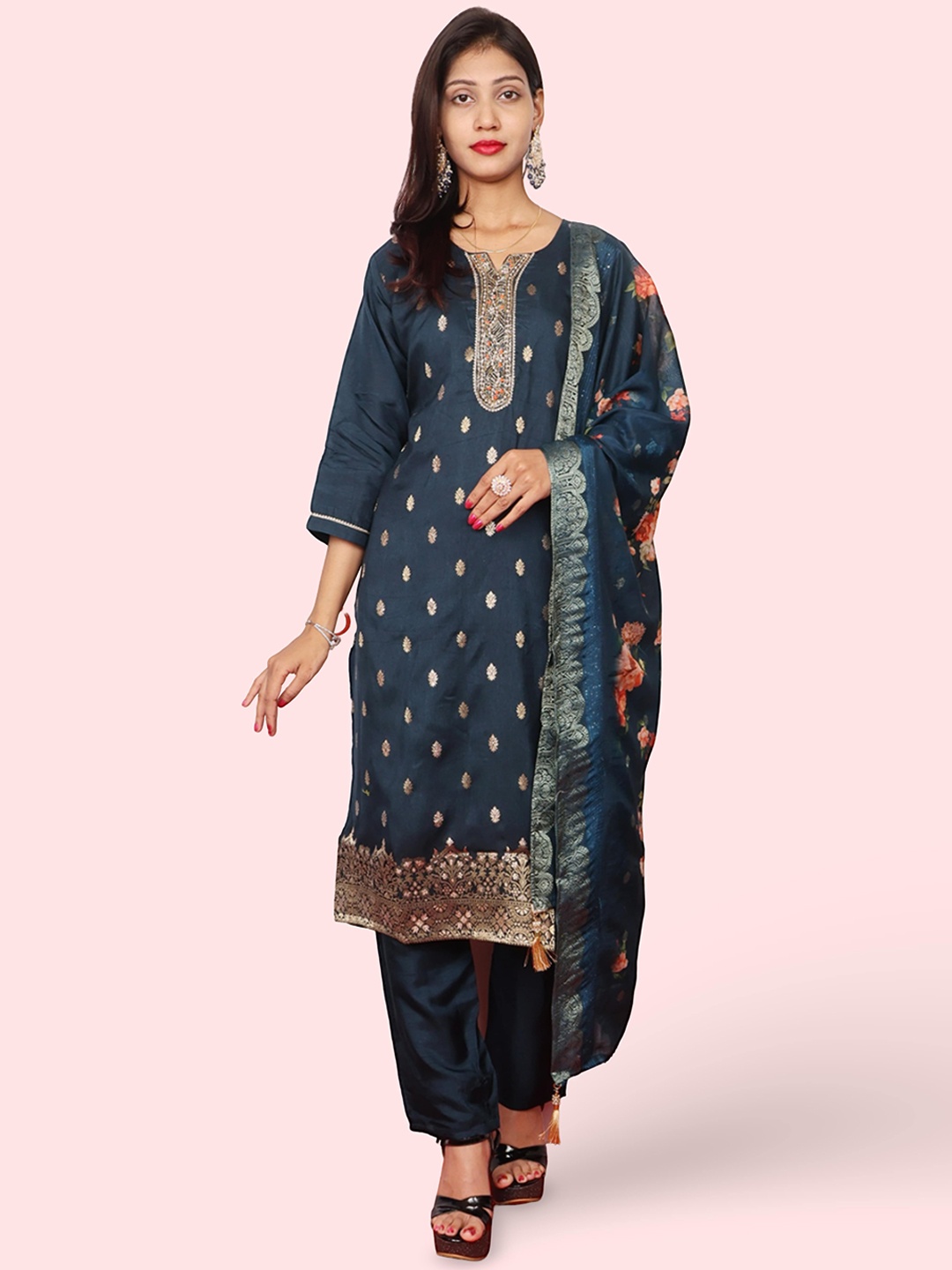 

Shreekama Floral Woven Design Round Neck Kurta With Trousers & Dupatta, Blue