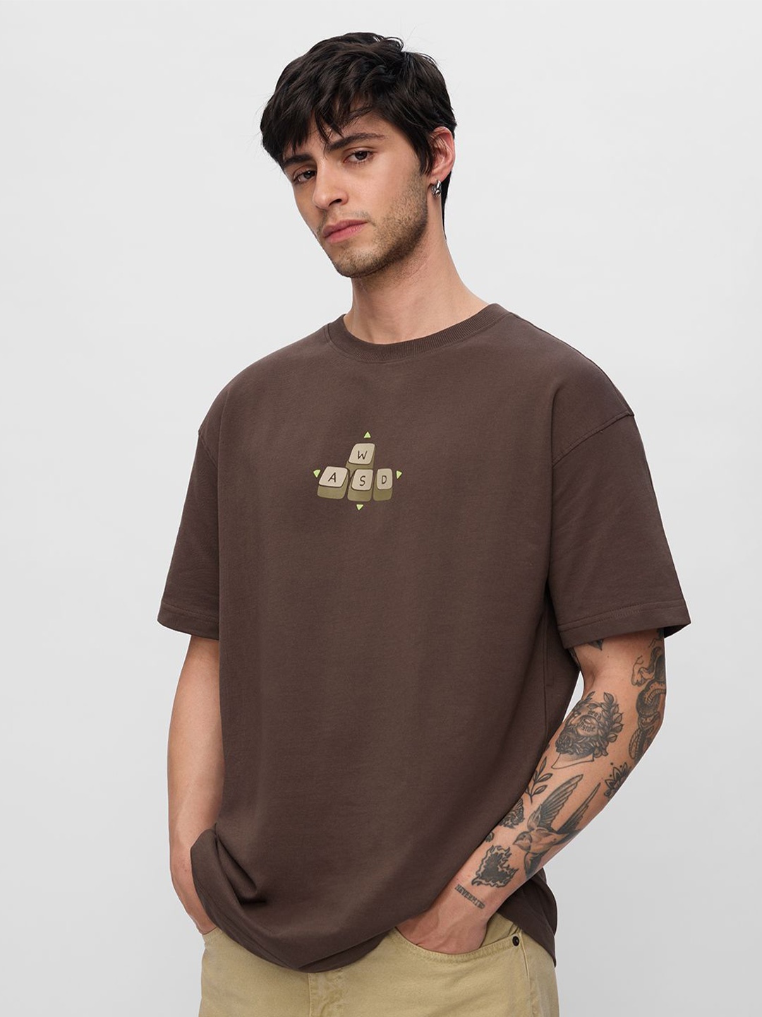

The Souled Store Men Graphic Printed Round Neck Cotton Oversized T-shirt, Brown