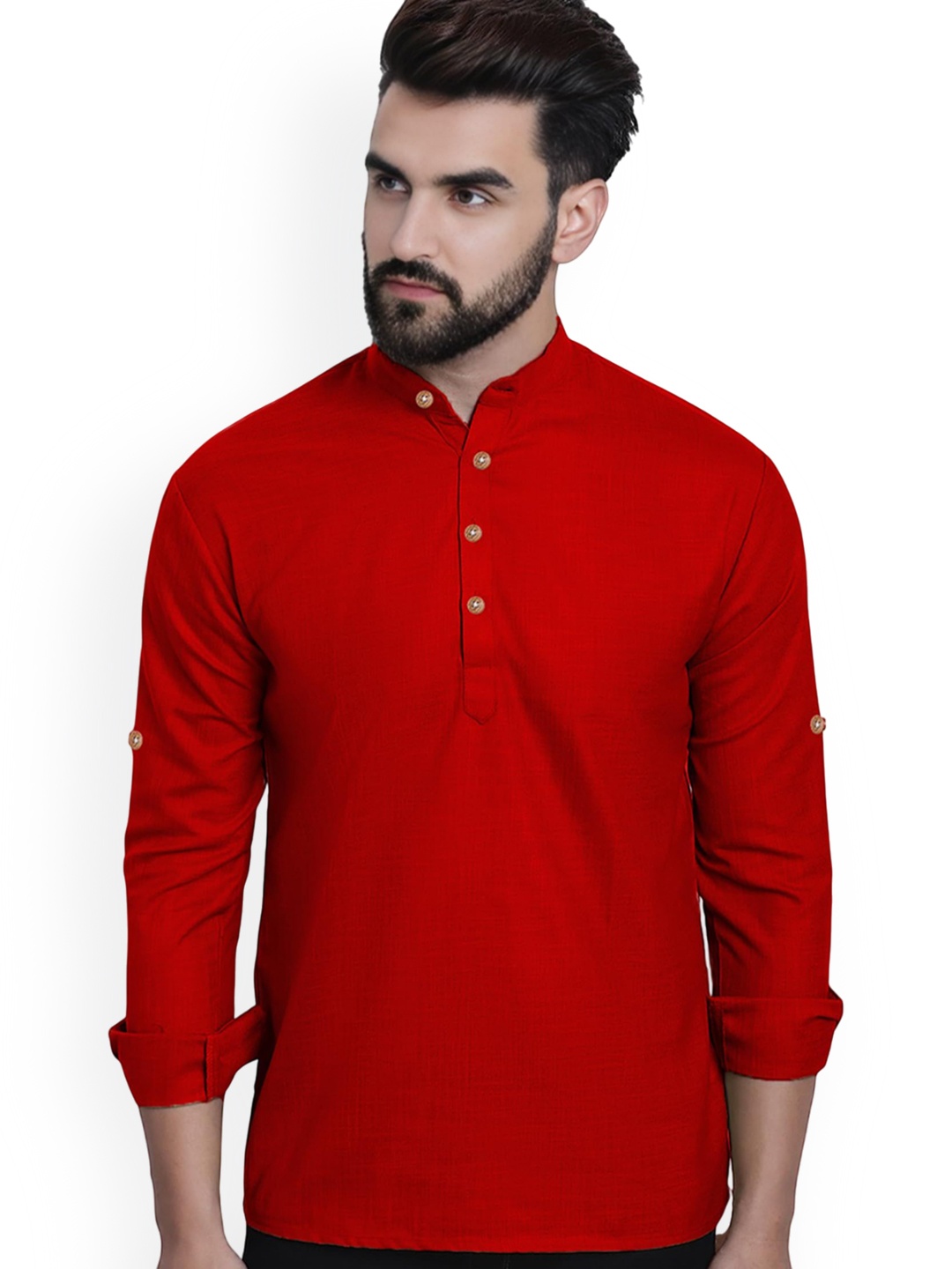 

Vida Loca Cotton Band Collar Slim Fit Straight Short Kurta, Red
